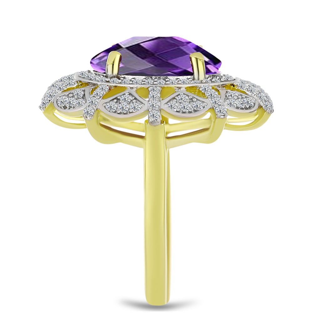 Anel de Prata com Banho de Ouro com Ametista de Marrocos e Topázio Branco  Contraste: Cabeca de Veado (800) 4 