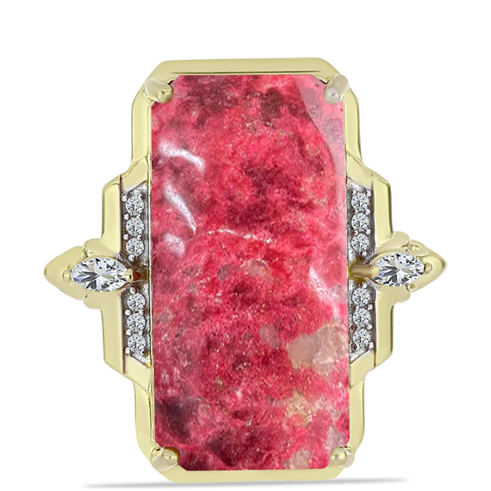 Anel de Prata com Banho de Ouro com Thulite e Topázio Branco  Contraste: Cabeca de Veado (800)