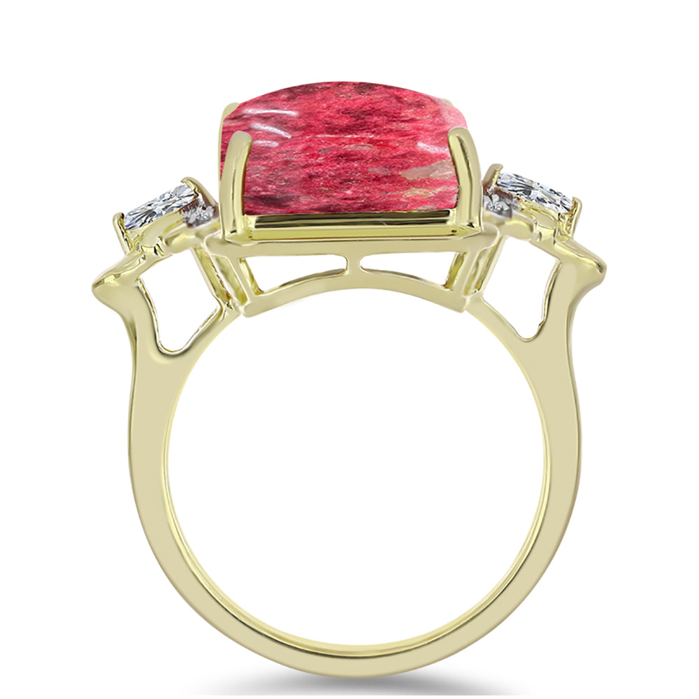 Anel de Prata com Banho de Ouro com Thulite e Topázio Branco  Contraste: Cabeca de Veado (800)