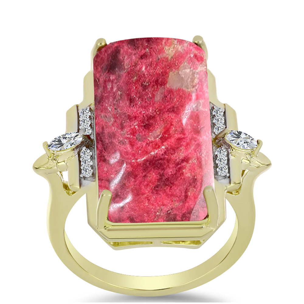 Anel de Prata com Banho de Ouro com Thulite e Topázio Branco  Contraste: Cabeca de Veado (800) 3 