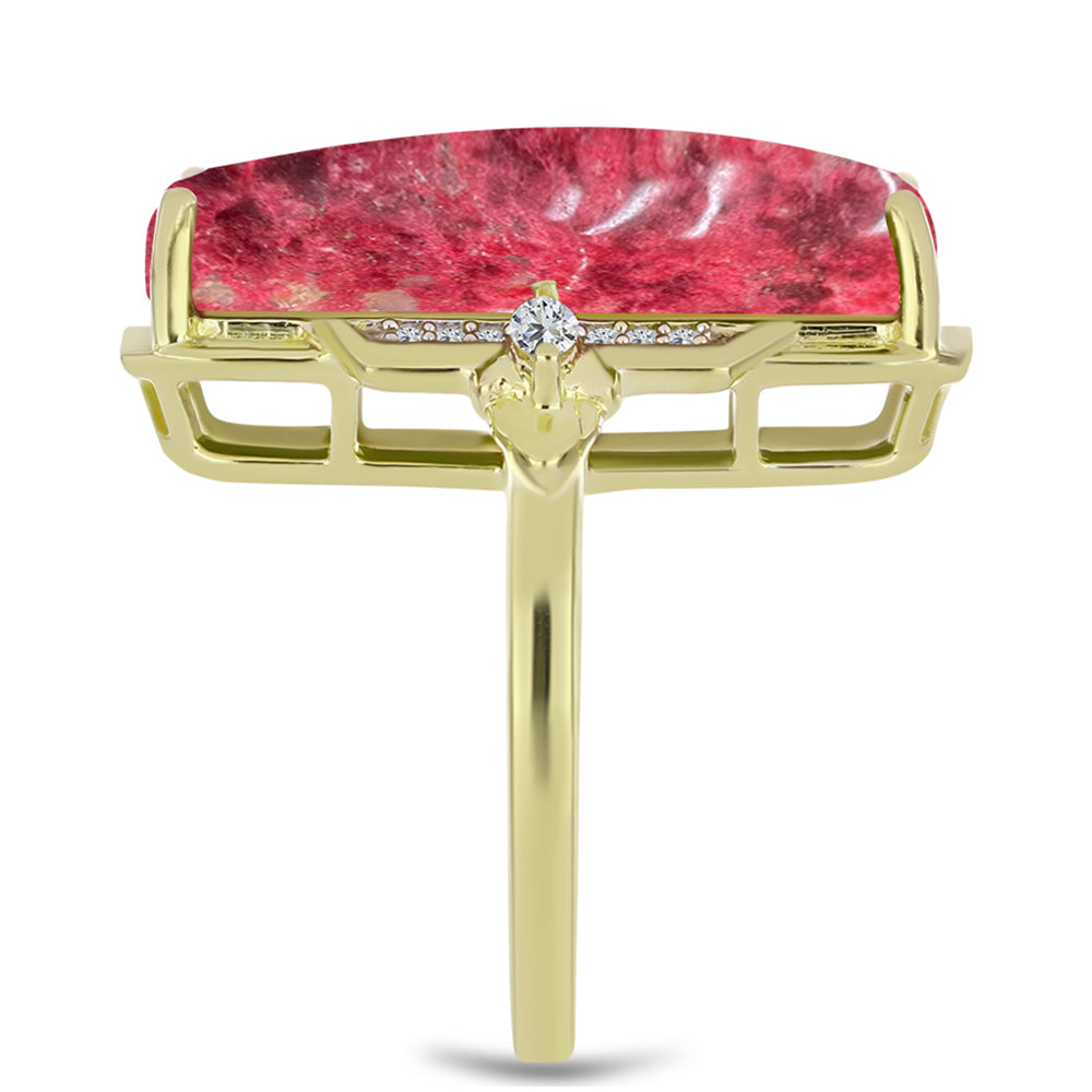 Anel de Prata com Banho de Ouro com Thulite e Topázio Branco  Contraste: Cabeca de Veado (800)