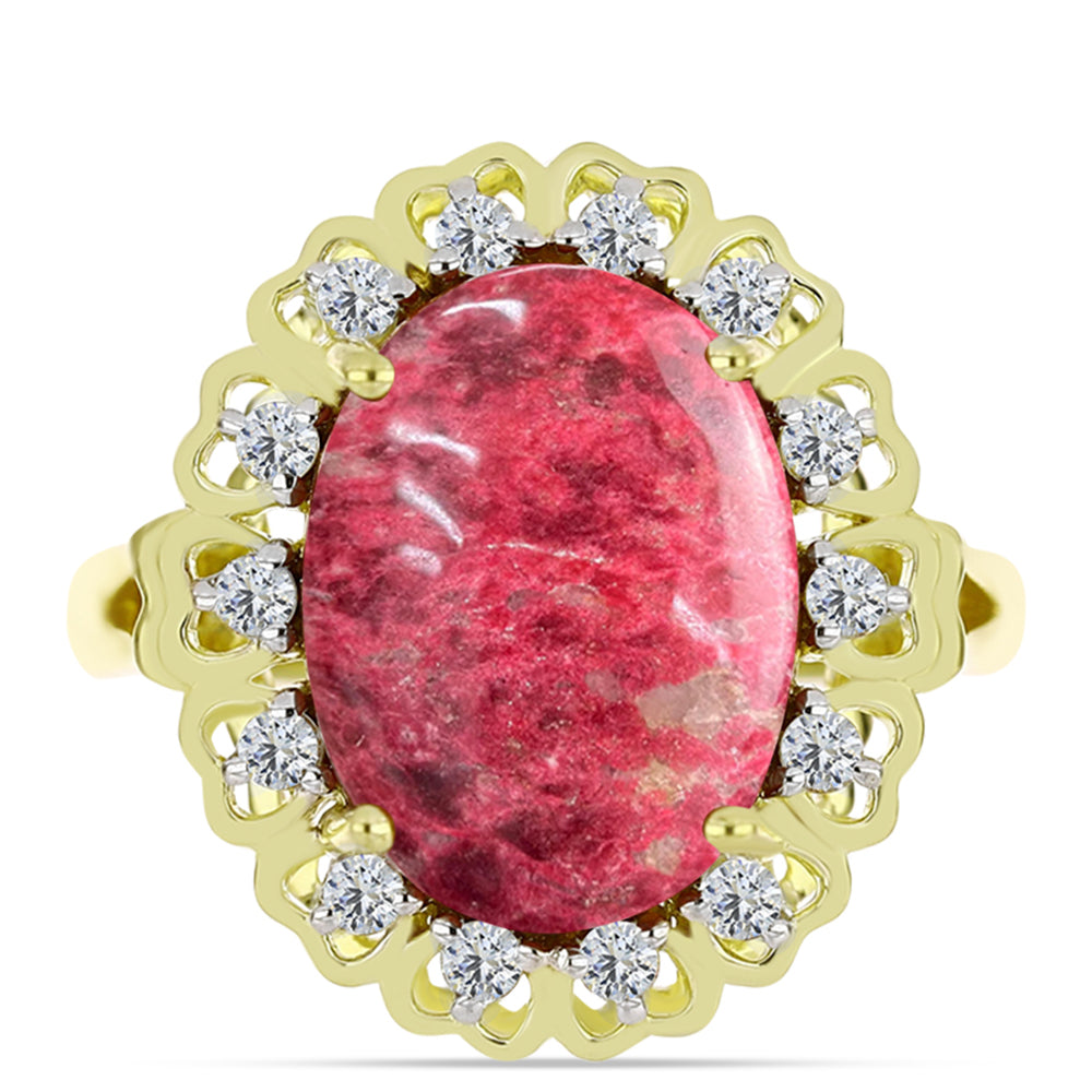 Anel de Prata com Banho de Ouro com Thulite e Topázio Branco  Contraste: Cabeca de Veado (800)