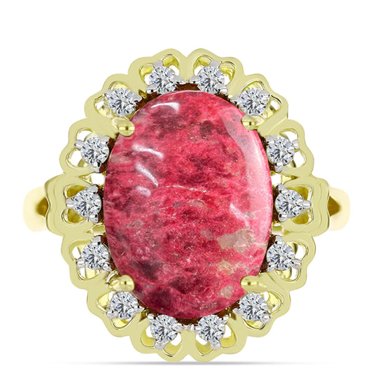 Anel de Prata com Banho de Ouro com Thulite e Topázio Branco  Contraste: Cabeca de Veado (800)