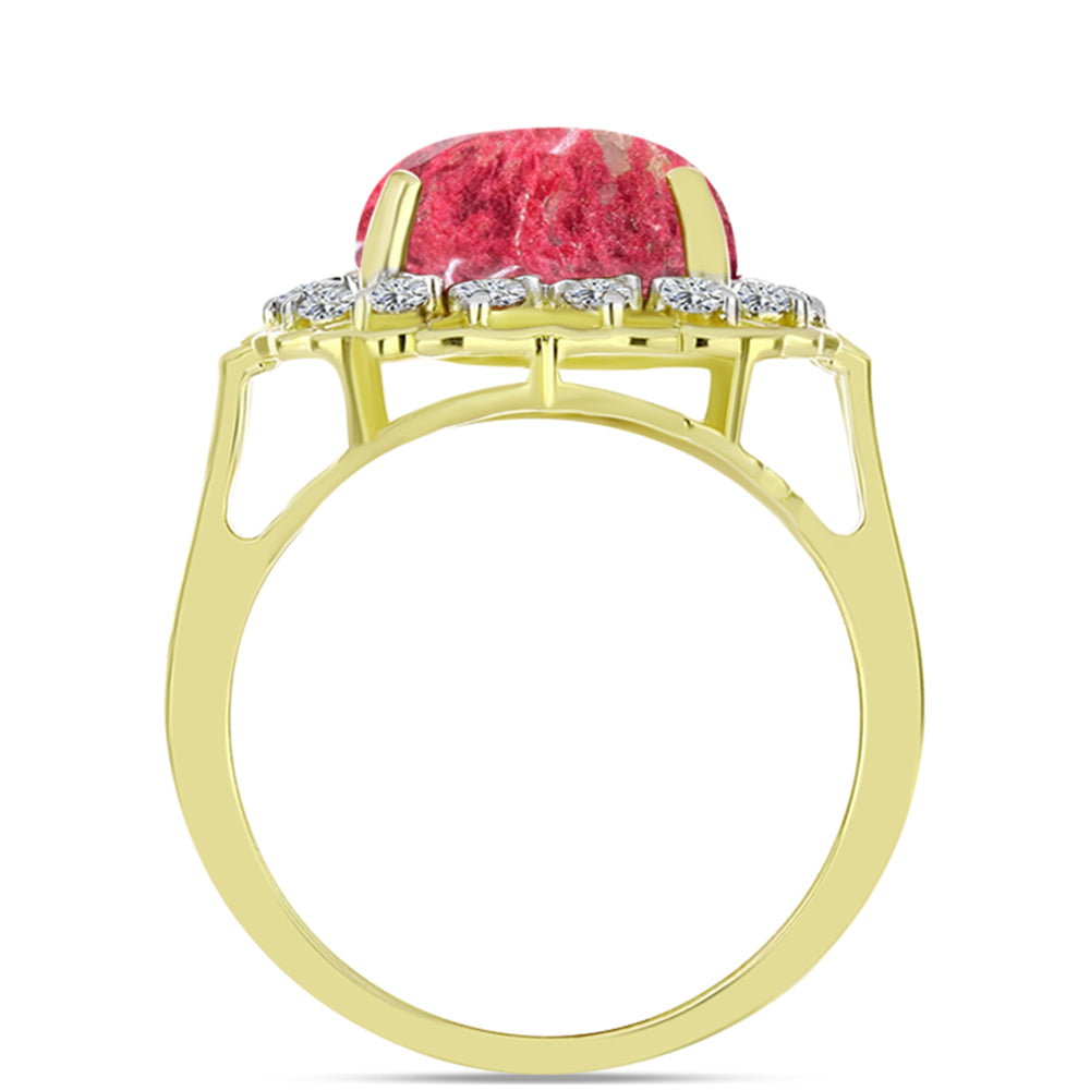 Anel de Prata com Banho de Ouro com Thulite e Topázio Branco  Contraste: Cabeca de Veado (800)