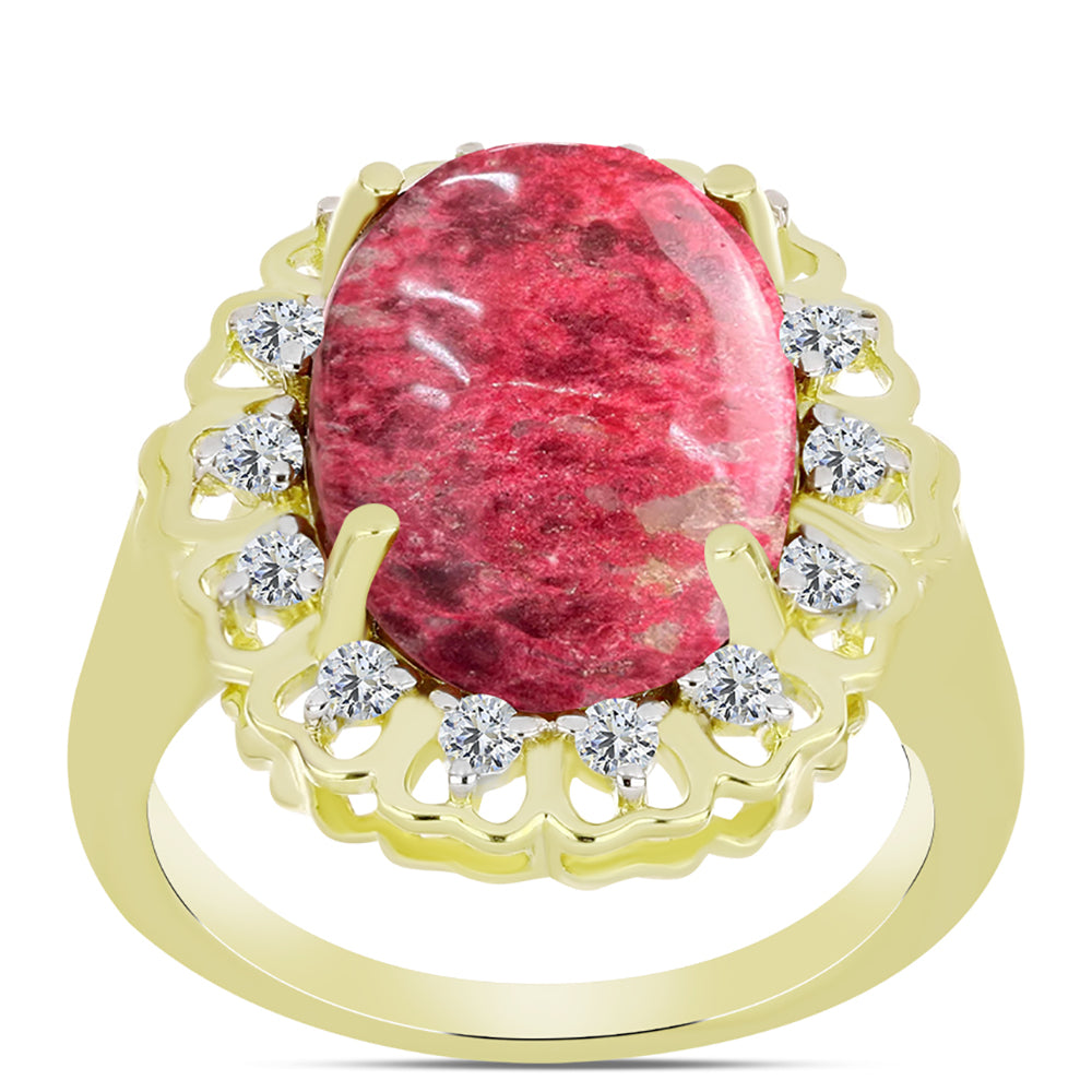 Anel de Prata com Banho de Ouro com Thulite e Topázio Branco  Contraste: Cabeca de Veado (800)