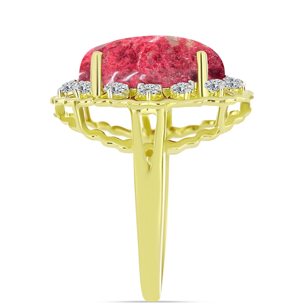 Anel de Prata com Banho de Ouro com Thulite e Topázio Branco  Contraste: Cabeca de Veado (800)