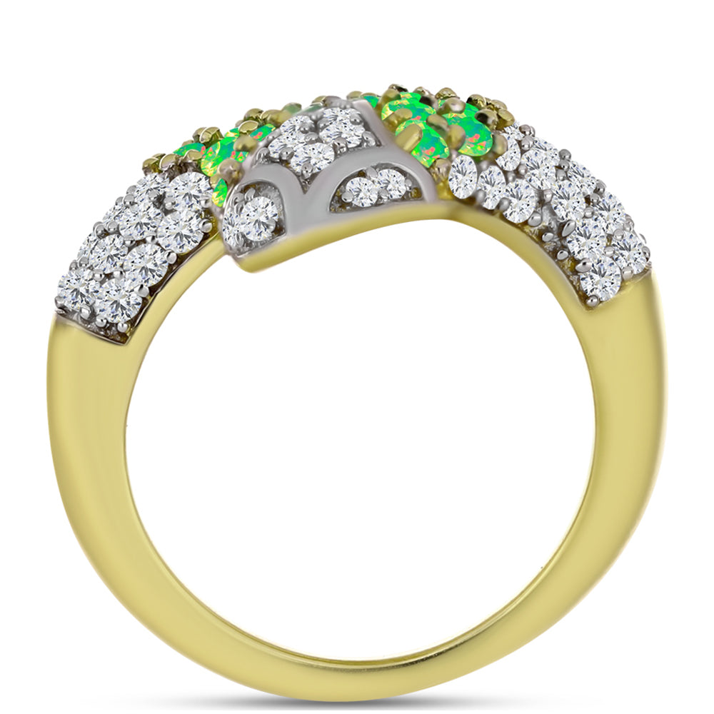 Anel de Prata com Banho de Ouro com Opala Verde do Etíope Lega Dembi e Topázio Branco  Contraste: Cabeca de Veado (800)