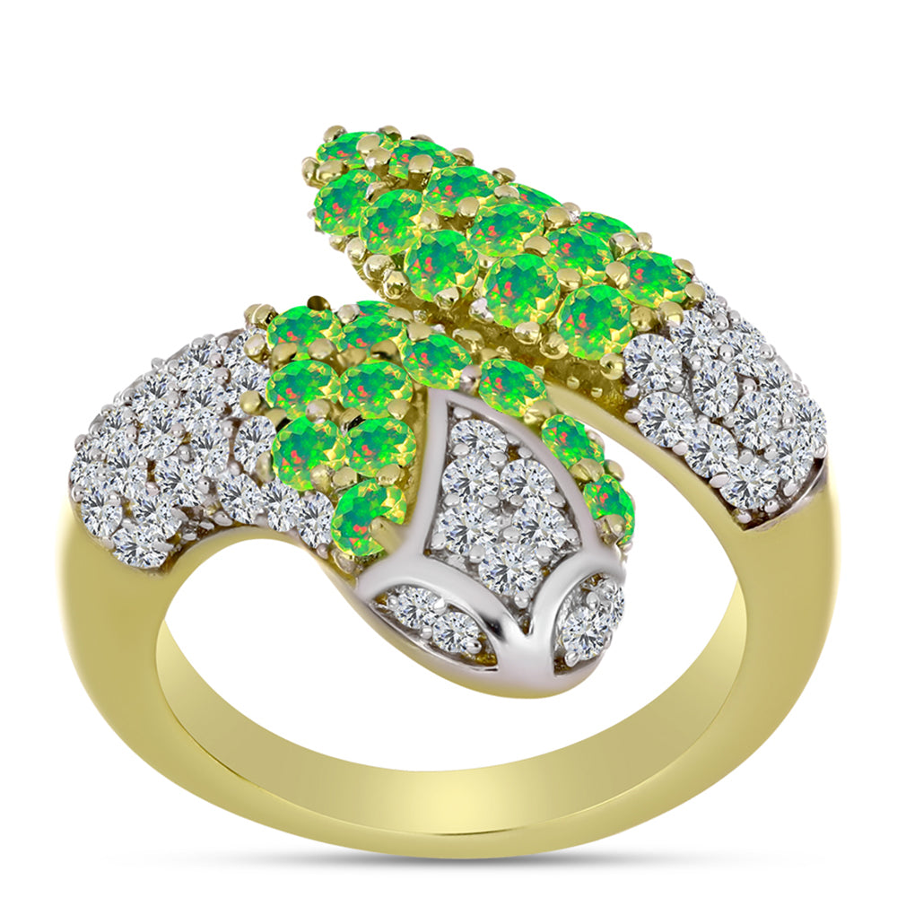 Anel de Prata com Banho de Ouro com Opala Verde do Etíope Lega Dembi e Topázio Branco  Contraste: Cabeca de Veado (800) 1 
