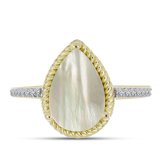 Anel de Prata com Banho de Ouro com Mãe de Pérola e Topázio Branco