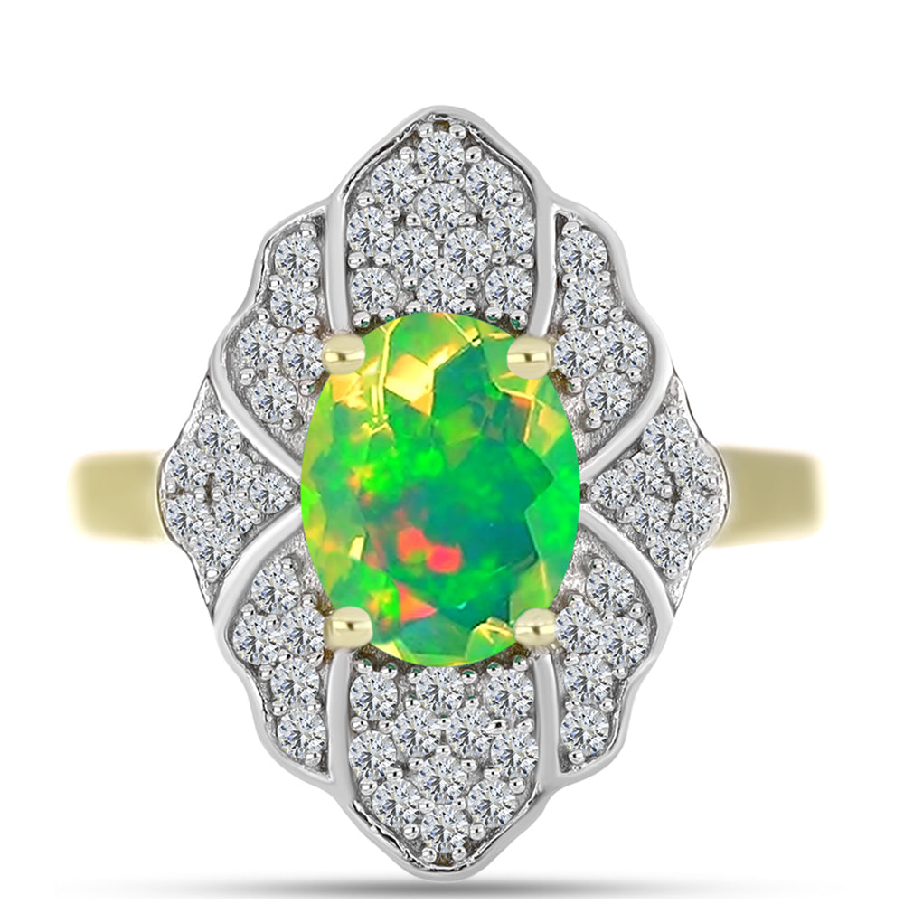 Anel de Prata com Banho de Ouro com Opala Verde do Etíope Lega Dembi e Topázio Branco  Contraste: Cabeca de Veado (800) 1 