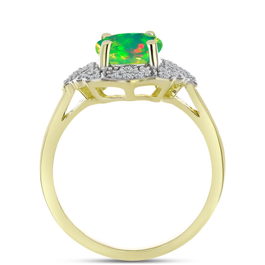 Anel de Prata com Banho de Ouro com Opala Verde do Etíope Lega Dembi e Topázio Branco  Contraste: Cabeca de Veado (800)