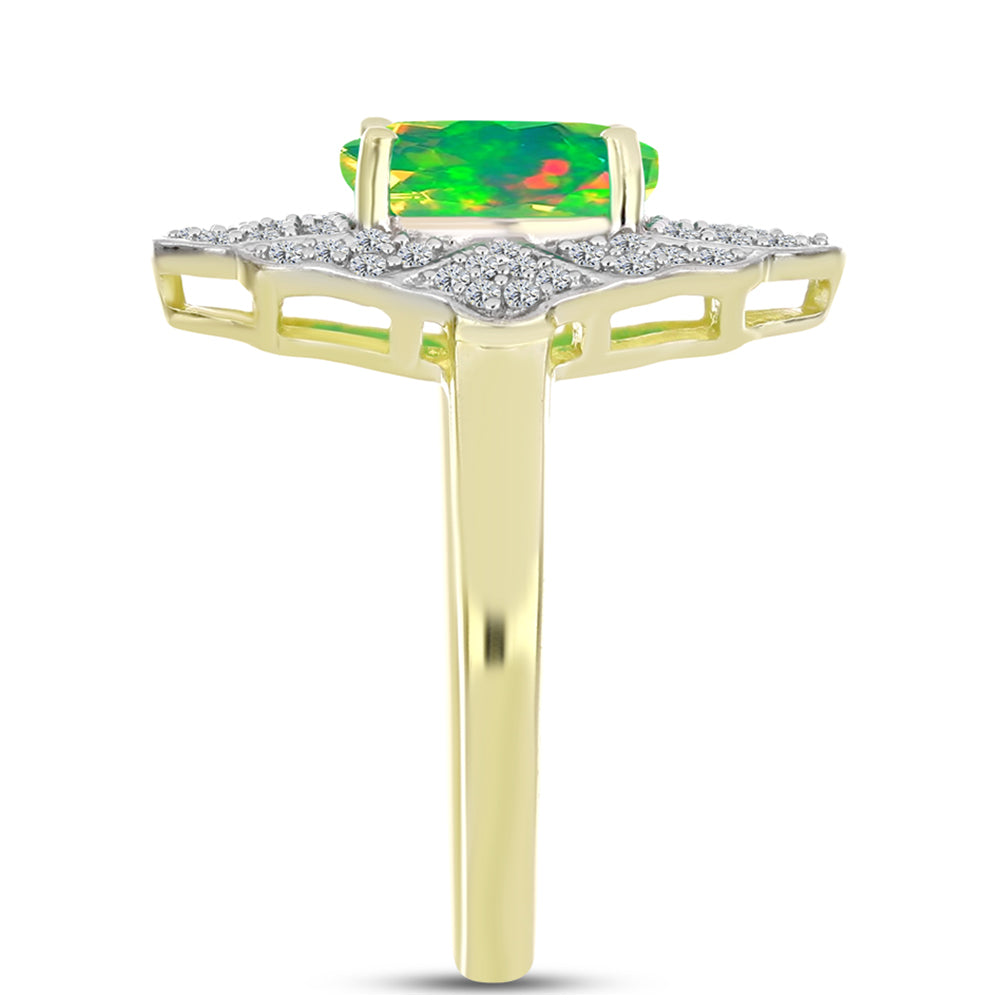 Anel de Prata com Banho de Ouro com Opala Verde do Etíope Lega Dembi e Topázio Branco  Contraste: Cabeca de Veado (800)