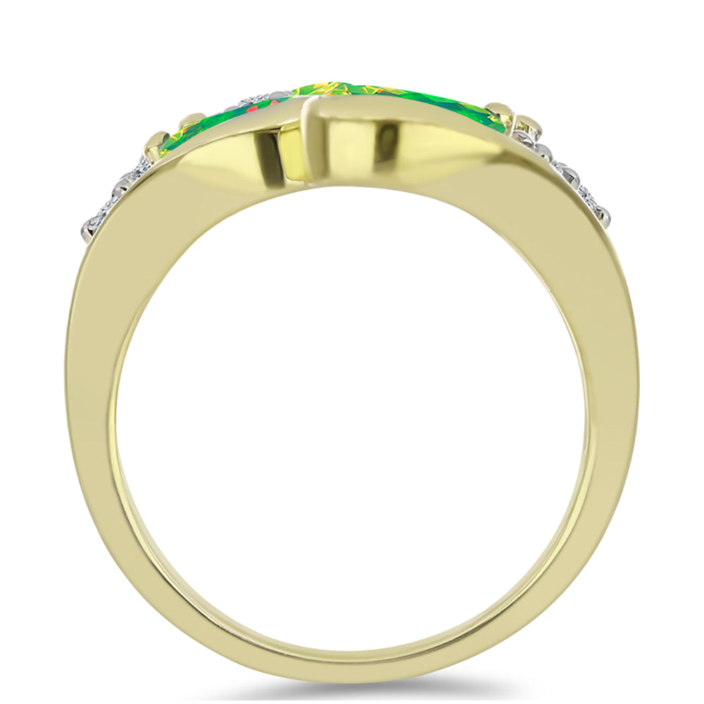 Anel de Prata com Banho de Ouro com Opala Verde do Etíope Lega Dembi e Topázio Branco  Contraste: Cabeca de Veado (800)
