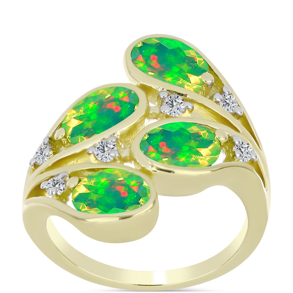 Anel de Prata com Banho de Ouro com Opala Verde do Etíope Lega Dembi e Topázio Branco  Contraste: Cabeca de Veado (800)