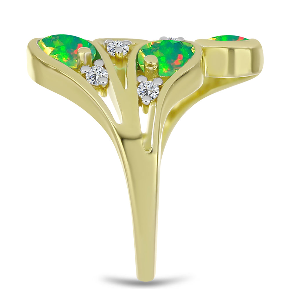 Anel de Prata com Banho de Ouro com Opala Verde do Etíope Lega Dembi e Topázio Branco  Contraste: Cabeca de Veado (800) 4 