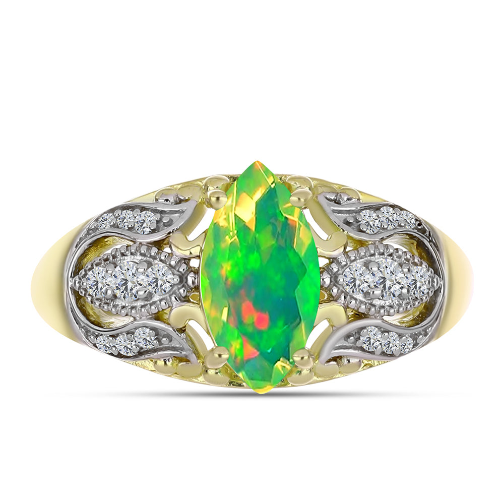 Anel de Prata com Banho de Ouro com Opala Verde do Etíope Lega Dembi e Topázio Branco  Contraste: Cabeca de Veado (800) 1 