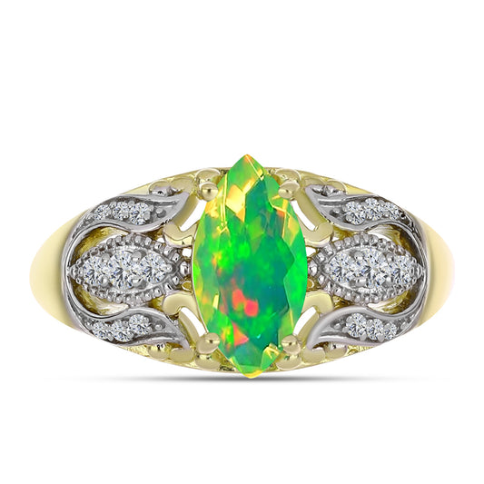 Anel de Prata com Banho de Ouro com Opala Verde do Etíope Lega Dembi e Topázio Branco  Contraste: Cabeca de Veado (800)