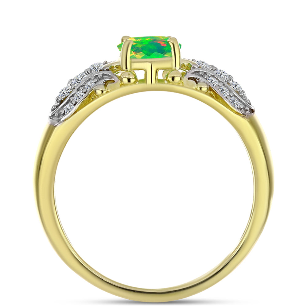 Anel de Prata com Banho de Ouro com Opala Verde do Etíope Lega Dembi e Topázio Branco  Contraste: Cabeca de Veado (800)