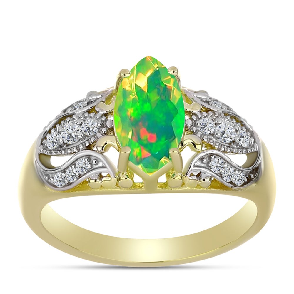 Anel de Prata com Banho de Ouro com Opala Verde do Etíope Lega Dembi e Topázio Branco  Contraste: Cabeca de Veado (800)
