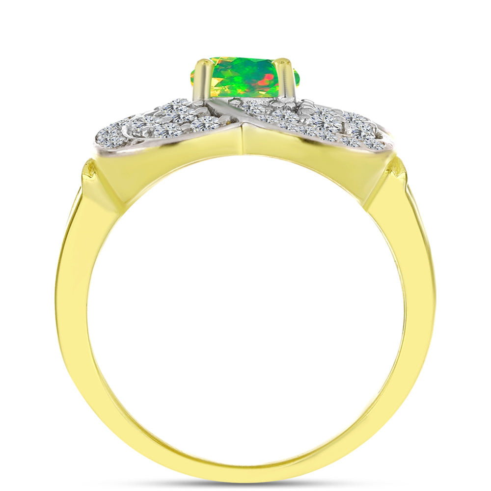 Anel de Prata com Banho de Ouro com Opala Verde do Etíope Lega Dembi e Topázio Branco  Contraste: Cabeca de Veado (800) 2 