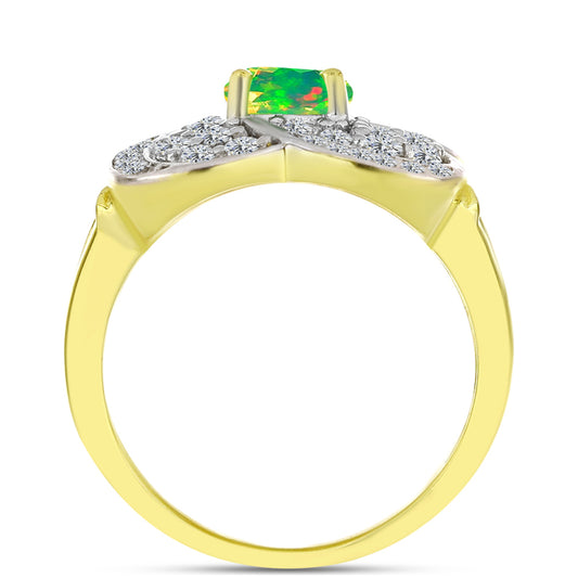 Anel de Prata com Banho de Ouro com Opala Verde do Etíope Lega Dembi e Topázio Branco  Contraste: Cabeca de Veado (800)
