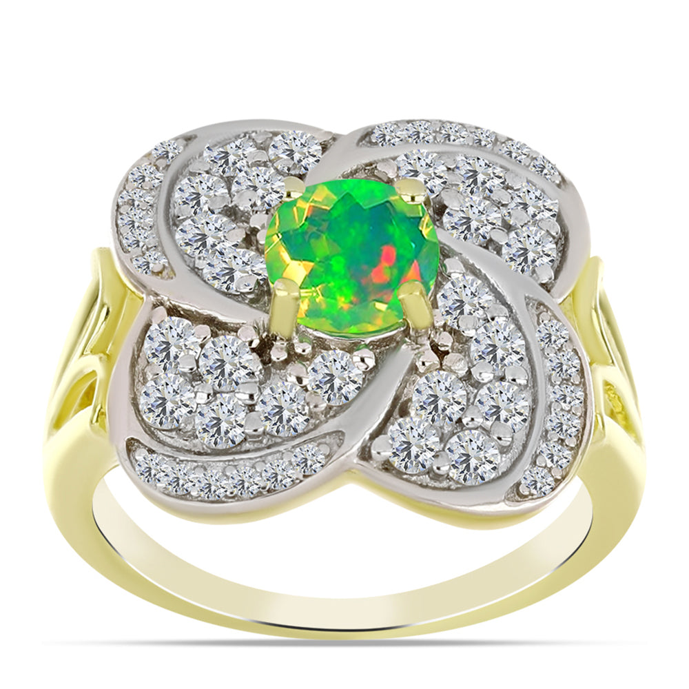 Anel de Prata com Banho de Ouro com Opala Verde do Etíope Lega Dembi e Topázio Branco  Contraste: Cabeca de Veado (800) 3 