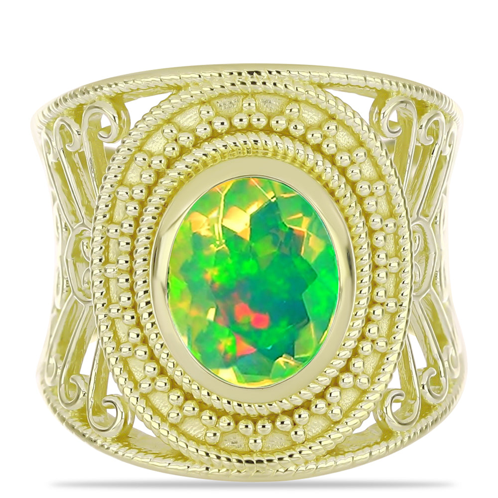 Anel de Prata com Banho de Ouro com Opala Verde do Etíope Lega Dembi  Contraste: Cabeca de Veado (800)