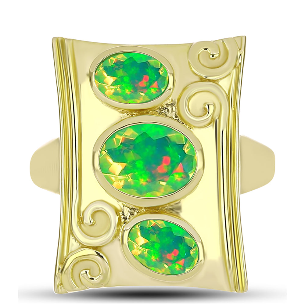 Anel de Prata com Banho de Ouro com Opala Verde do Etíope Lega Dembi  Contraste: Cabeca de Veado (800)