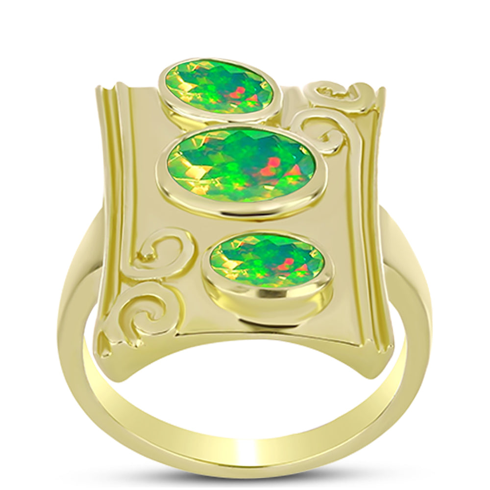 Anel de Prata com Banho de Ouro com Opala Verde do Etíope Lega Dembi  Contraste: Cabeca de Veado (800) 3 