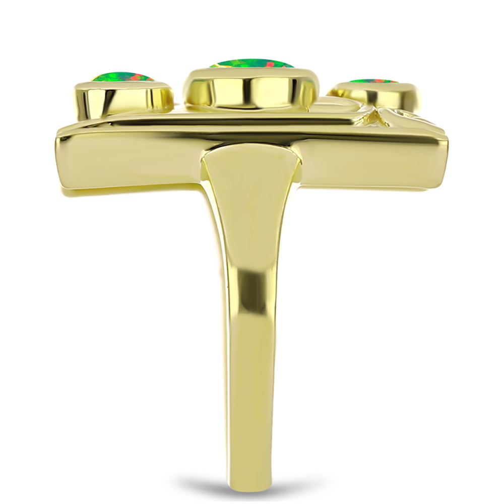 Anel de Prata com Banho de Ouro com Opala Verde do Etíope Lega Dembi  Contraste: Cabeca de Veado (800)