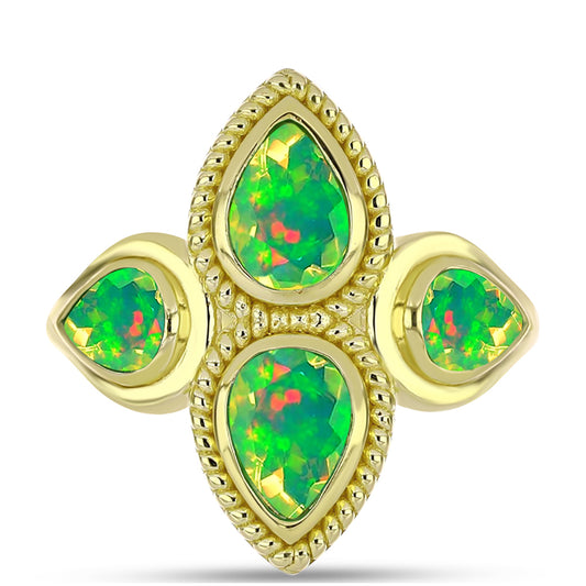 Anel de Prata com Banho de Ouro com Opala Verde do Etíope Lega Dembi  Contraste: Cabeca de Veado (800)