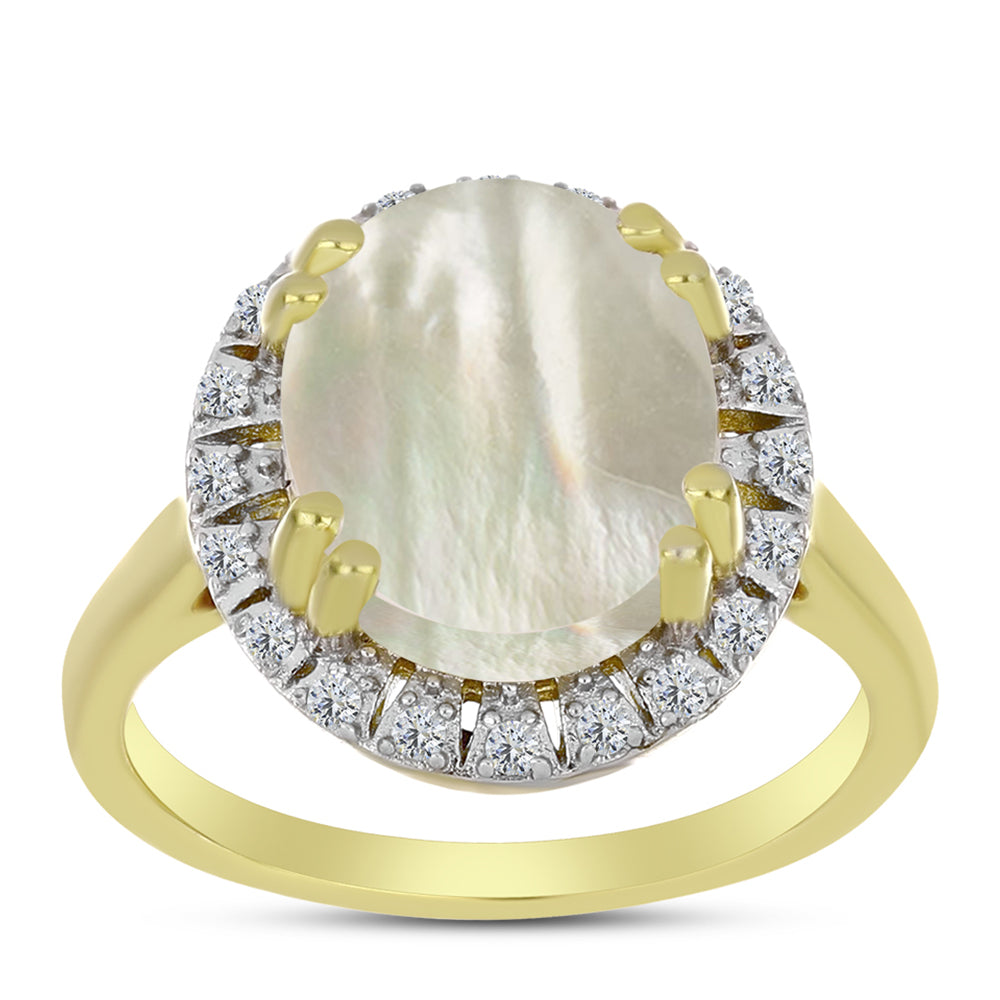 Anel de Prata com Banho de Ouro com Mãe de Pérola e Topázio Branco  Contraste: Cabeca de Veado (800)