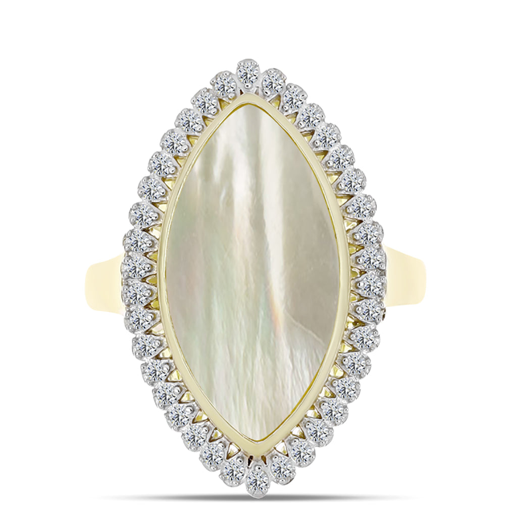 Anel de Prata com Banho de Ouro com Mãe de Pérola e Topázio Branco  Contraste: Cabeca de Veado (800)