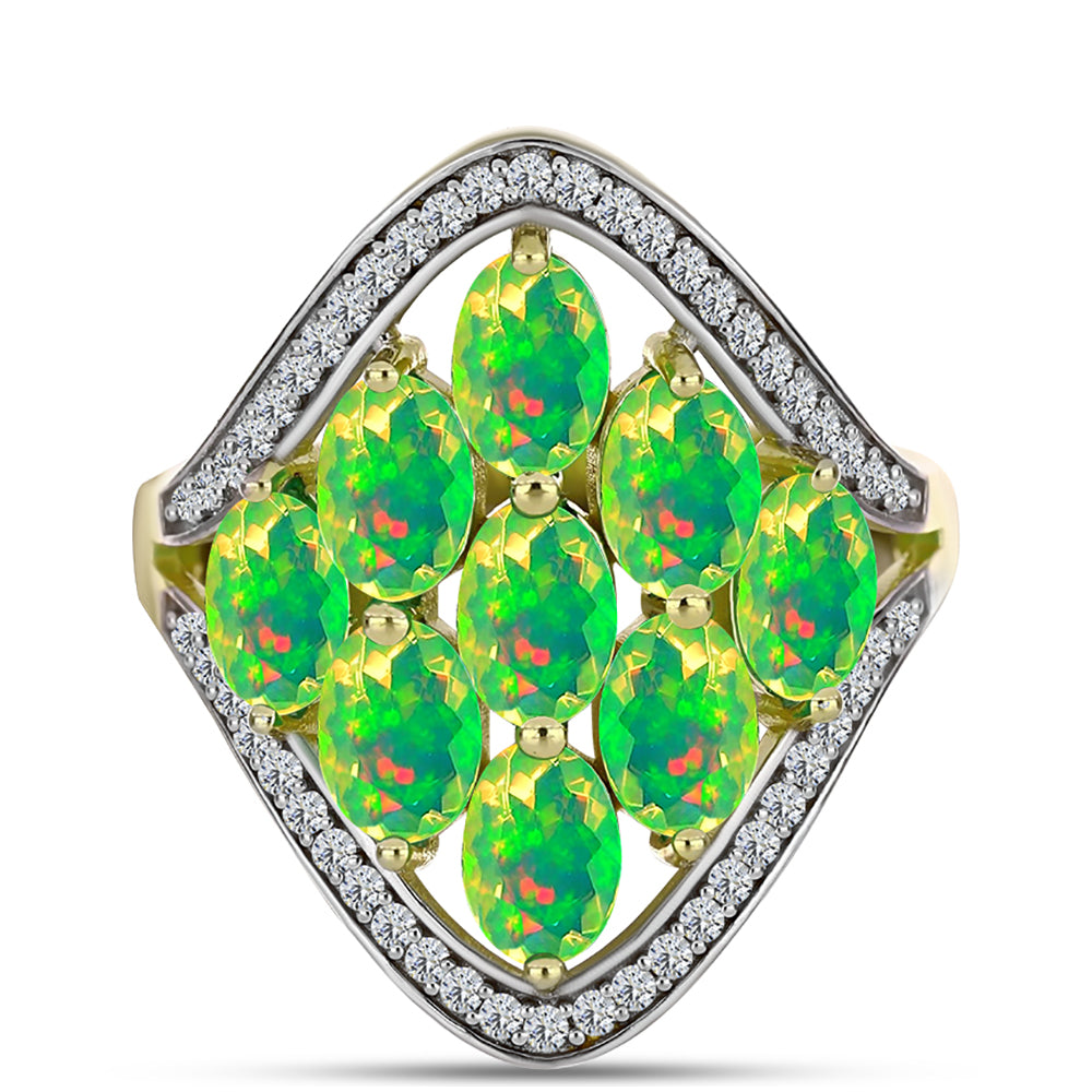 Anel de Prata com Banho de Ouro com Opala Verde do Etíope Lega Dembi e Topázio Branco  Contraste: Cabeca de Veado (800) 1 