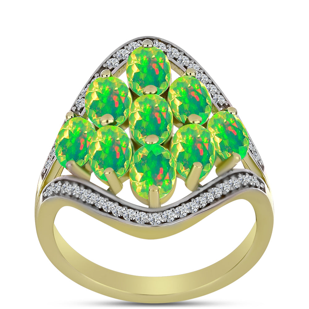 Anel de Prata com Banho de Ouro com Opala Verde do Etíope Lega Dembi e Topázio Branco  Contraste: Cabeca de Veado (800)