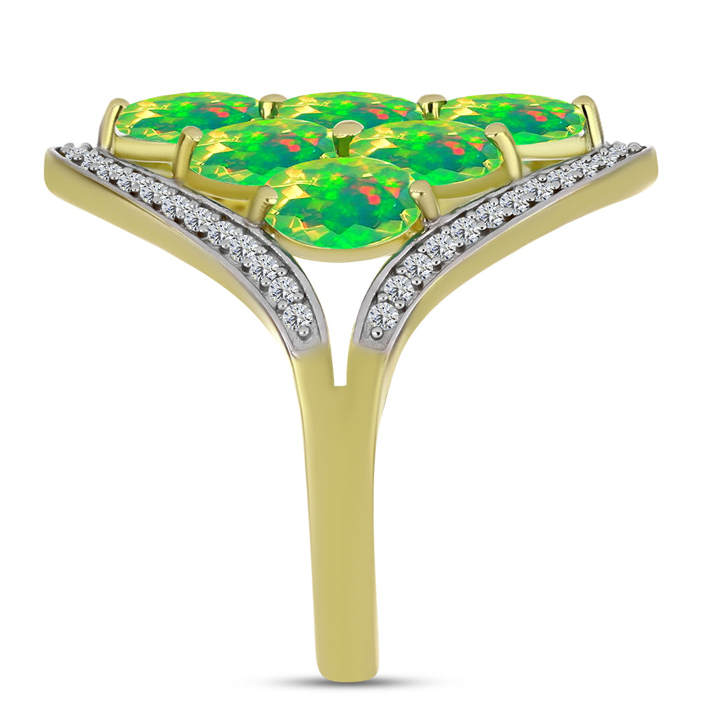 Anel de Prata com Banho de Ouro com Opala Verde do Etíope Lega Dembi e Topázio Branco  Contraste: Cabeca de Veado (800) 4 