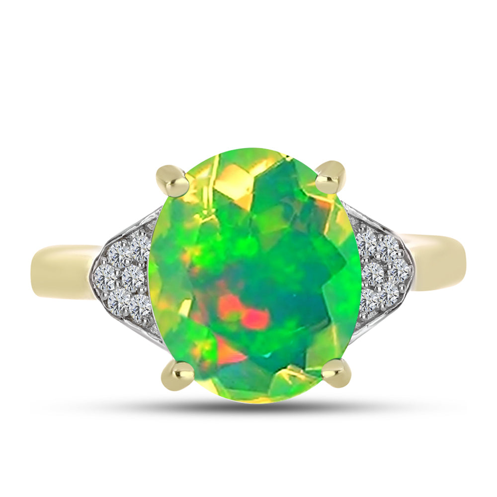 Anel de Prata com Banho de Ouro com Opala Verde do Etíope Lega Dembi e Topázio Branco  Contraste: Cabeca de Veado (800)