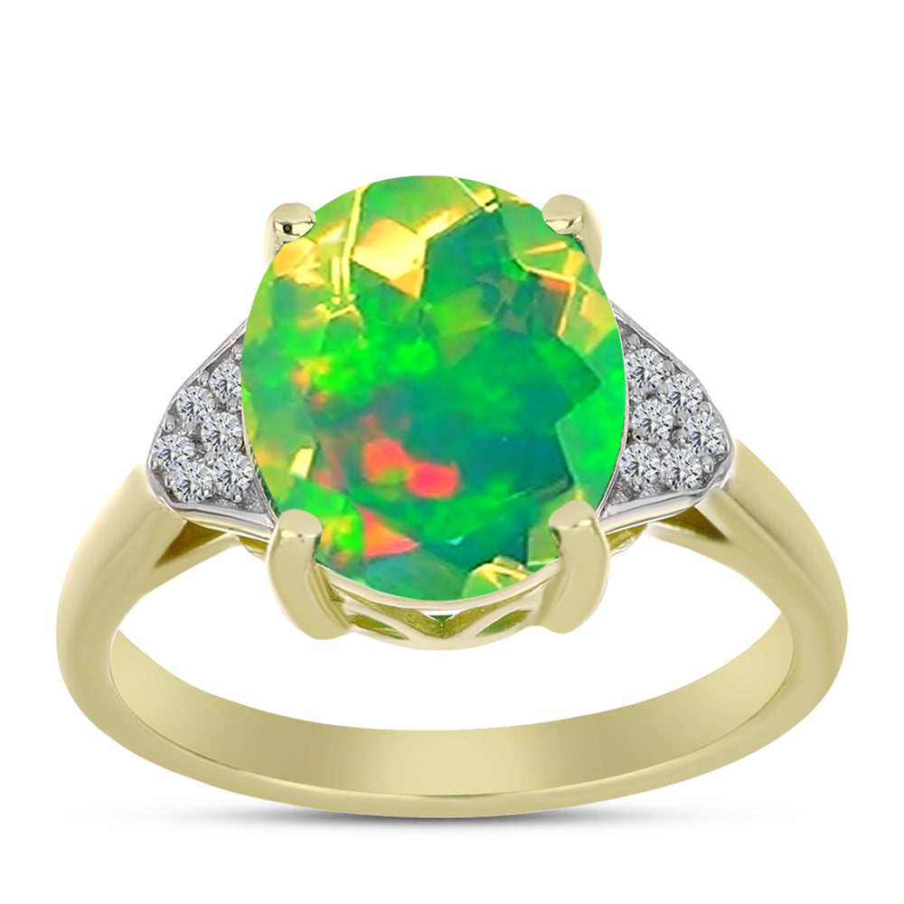 Anel de Prata com Banho de Ouro com Opala Verde do Etíope Lega Dembi e Topázio Branco  Contraste: Cabeca de Veado (800)