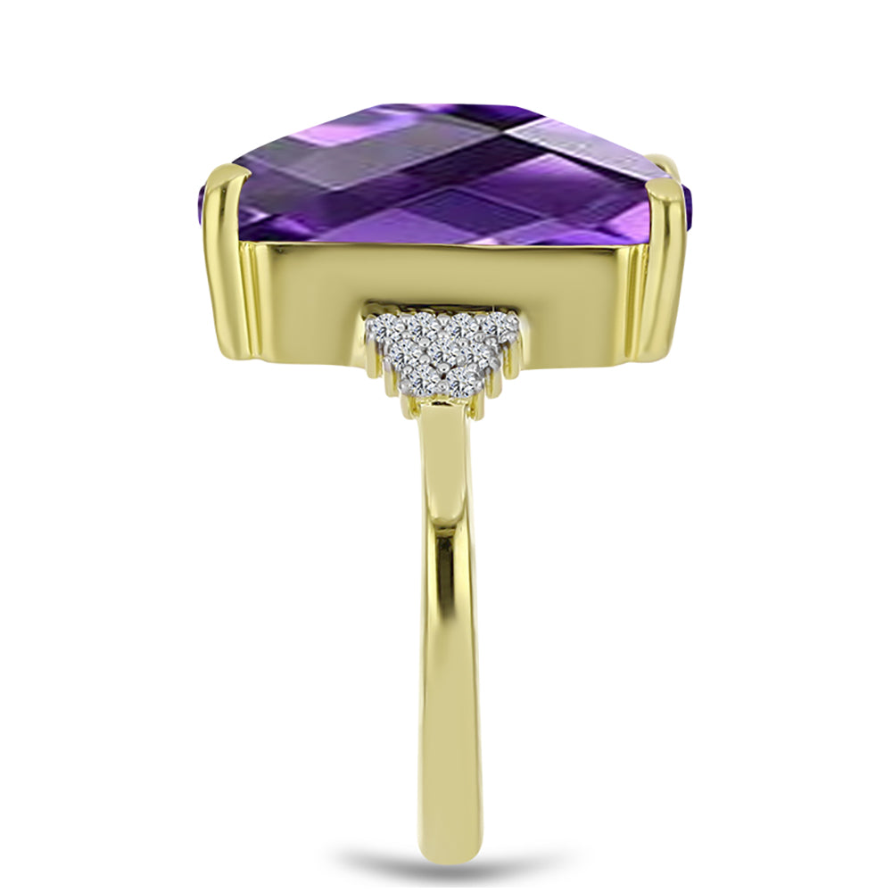 Anel de Prata com Banho de Ouro com Ametista de Marrocos e Topázio Branco  Contraste: Cabeca de Veado (800)