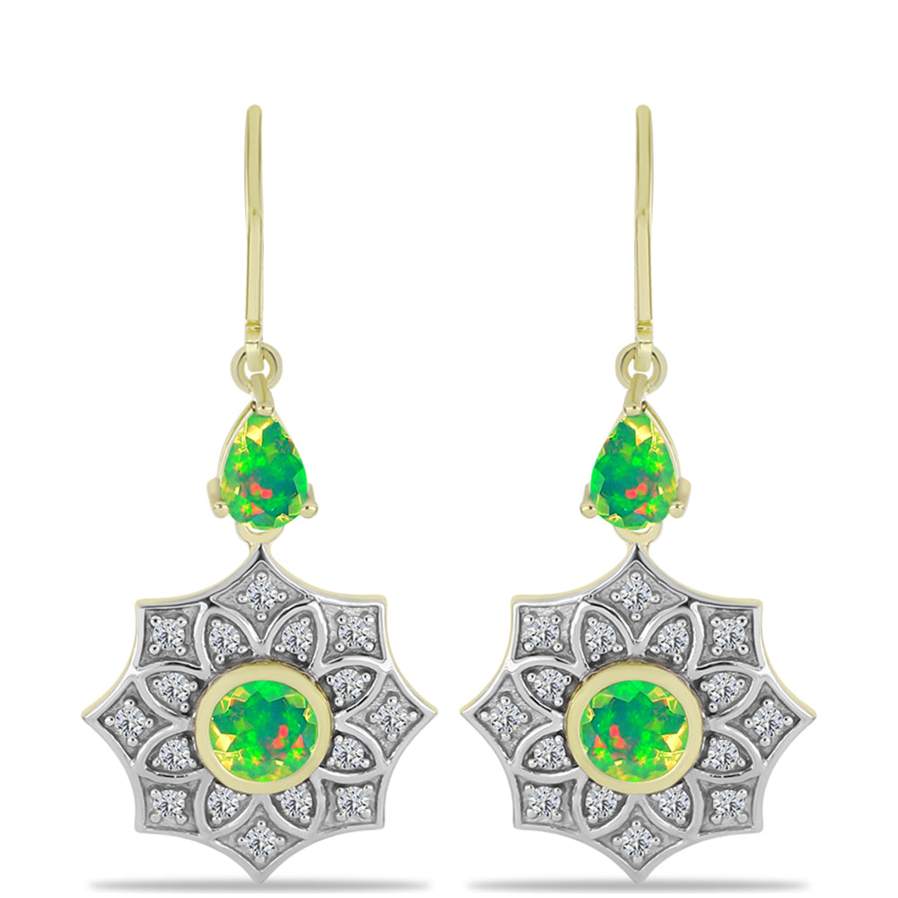 Brincos de Prata com Banho de Ouro com Opala Verde do Etíope Lega Dembi e Topázio Branco
