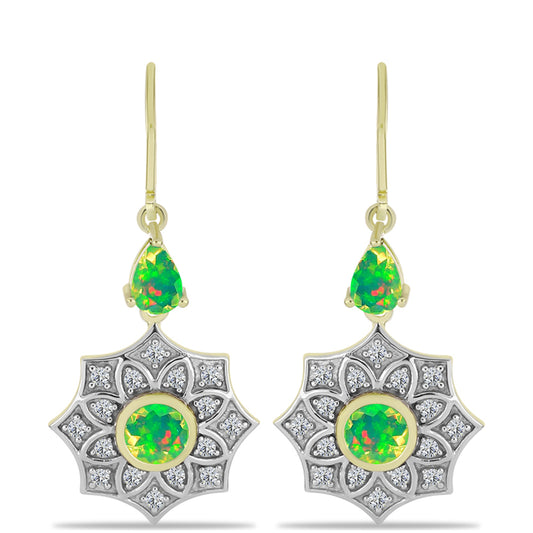 Brincos de Prata com Banho de Ouro com Opala Verde do Etíope Lega Dembi e Topázio Branco