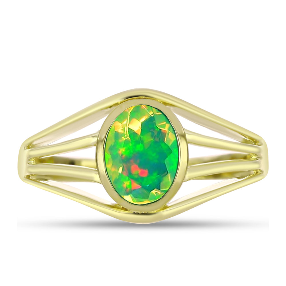 Anel de Prata com Banho de Ouro com Opala Verde do Etíope Lega Dembi  Contraste: Cabeca de Veado (800) 1 