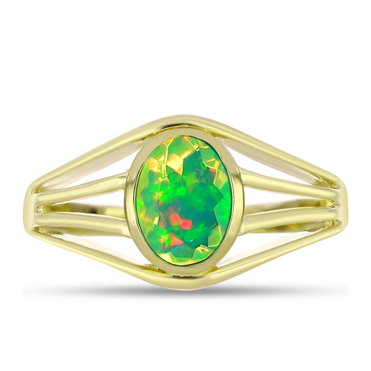 Anel de Prata com Banho de Ouro com Opala Verde do Etíope Lega Dembi  Contraste: Cabeca de Veado (800)