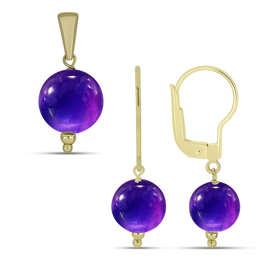 Conjunto de Prata com Banho de Ouro com Ametista de Marrocos ( Brincos+Pendente )