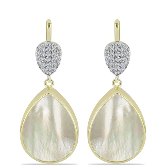 Brincos de Prata com Banho de Ouro com Mãe de Pérola e Topázio Branco  Contraste: Cabeca de Veado (800)
