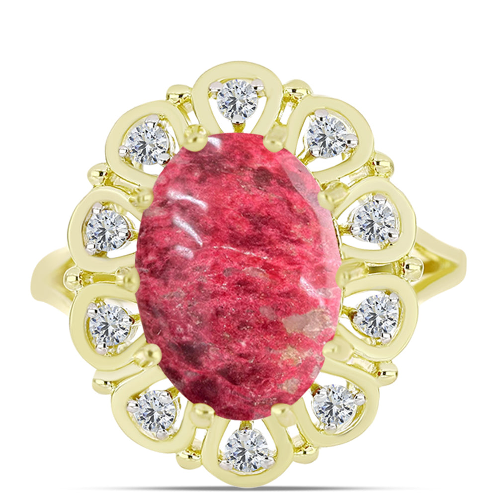 Anel de Prata com Banho de Ouro com Thulite e Topázio Branco  Contraste: Cabeca de Veado (800)