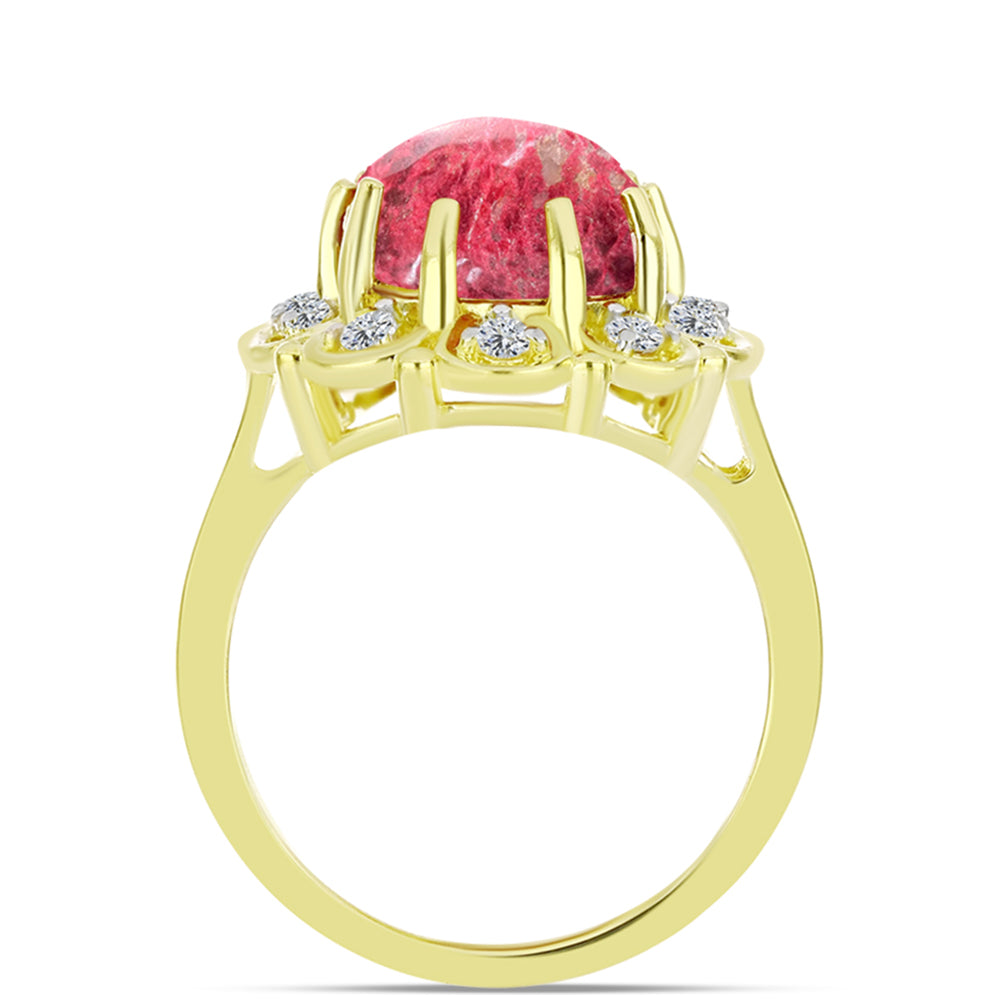 Anel de Prata com Banho de Ouro com Thulite e Topázio Branco  Contraste: Cabeca de Veado (800)