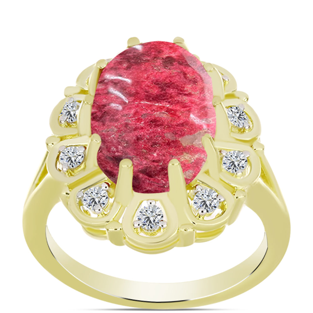 Anel de Prata com Banho de Ouro com Thulite e Topázio Branco  Contraste: Cabeca de Veado (800)