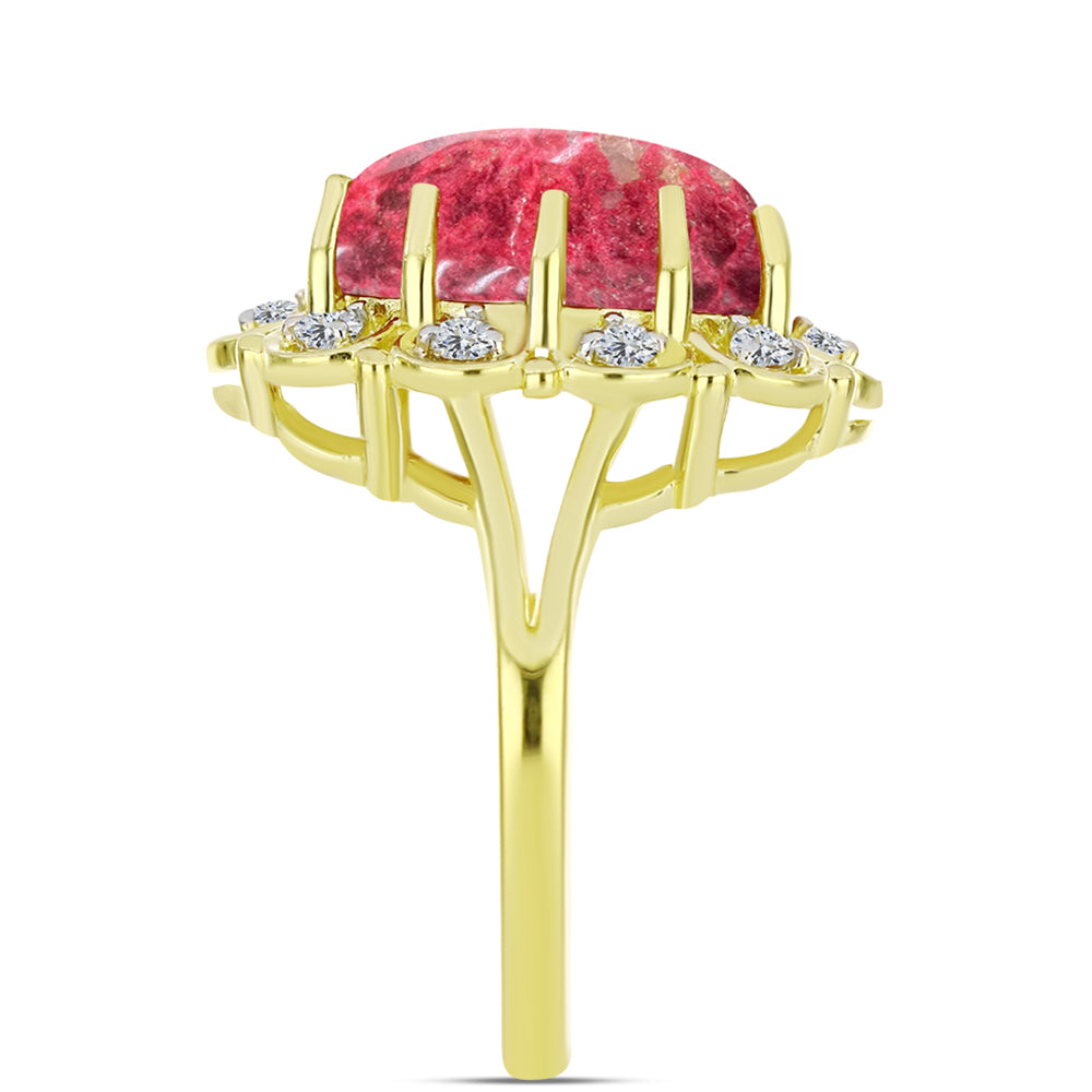 Anel de Prata com Banho de Ouro com Thulite e Topázio Branco  Contraste: Cabeca de Veado (800)