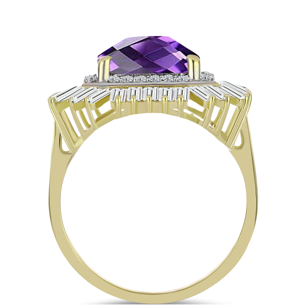 Anel de Prata com Banho de Ouro com Ametista de Marrocos e Zircão Branco  Contraste: Cabeca de Veado (800) 2 
